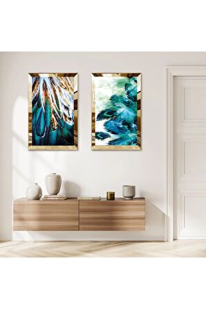 GOLD AYNALI PLEKSİ ÇERÇEVELİ SU YEŞİLİ BİTKİLER İKİLİ MDF TABLO SETİ