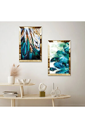 GOLD AYNALI PLEKSİ ÇERÇEVELİ SU YEŞİLİ BİTKİLER İKİLİ MDF TABLO SETİ
