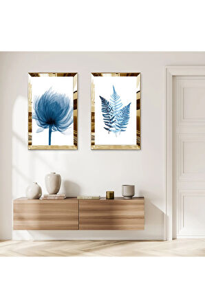 GOLD AYNALI PLEKSİ ÇERÇEVELİ BEYAZ ARKA PLANLI MAVİ ÇİÇEKLER MODERN İKİLİ MDF TABLO SETİ