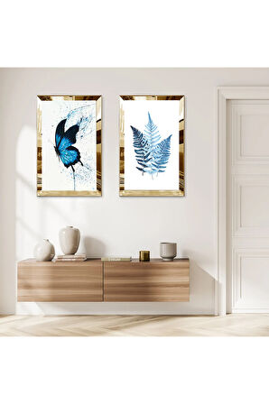 GOLD AYNALI PLEKSİ ÇERÇEVELİ BEYAZ ARKA PLANLI SOYUT MAVİ ÇİÇEKLER İKİLİ MDF TABLO SETİ