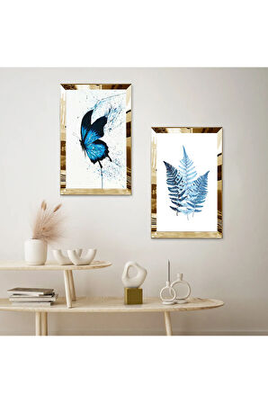 GOLD AYNALI PLEKSİ ÇERÇEVELİ BEYAZ ARKA PLANLI SOYUT MAVİ ÇİÇEKLER İKİLİ MDF TABLO SETİ