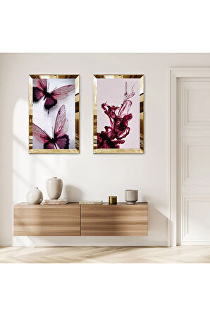 GOLD AYNALI PLEKSİ ÇERÇEVELİ KIRMIZI KELEBEKLER MODERN İKİLİ MDF TABLO SETİ