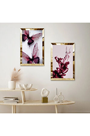 GOLD AYNALI PLEKSİ ÇERÇEVELİ KIRMIZI KELEBEKLER MODERN İKİLİ MDF TABLO SETİ