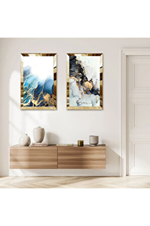 GOLD AYNALI PLEKSİ ÇERÇEVELİ MAVİ DENİZ DALGALARI MODERN İKİLİ MDF TABLO SETİ