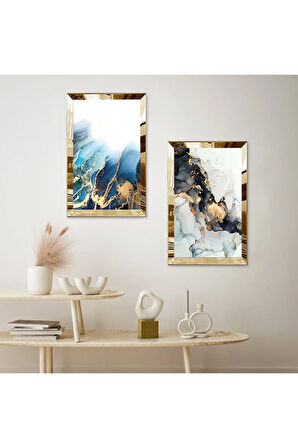 GOLD AYNALI PLEKSİ ÇERÇEVELİ MAVİ DENİZ DALGALARI MODERN İKİLİ MDF TABLO SETİ