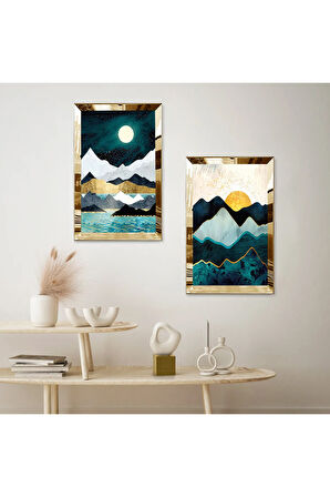 GOLD AYNALI PLEKSİ ÇERÇEVELİ GECE SOYUT DAĞ MANZARALI MODERN İKİLİ MDF TABLO SETİ