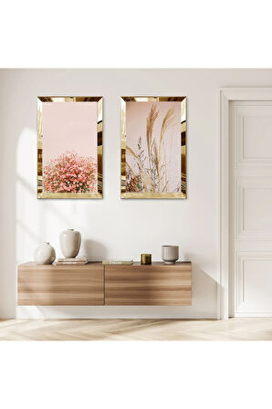 GOLD AYNALI PLEKSİ ÇERÇEVELİ PEMBE VE BEYAZ ÇİÇEKLER MODERN İKİLİ MDF TABLO SETİ