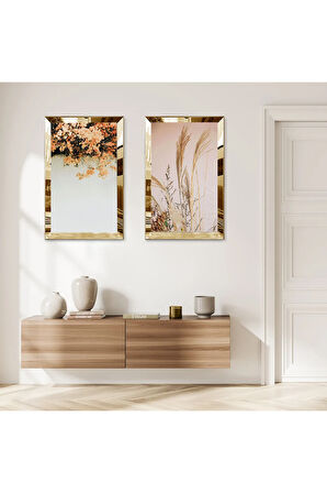 GOLD AYNALI PLEKSİ ÇERÇEVELİ PEMBE VE BEYAZ ÇİÇEKLER İKİLİ MDF TABLO SETİ