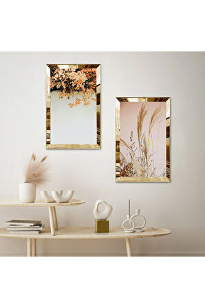 GOLD AYNALI PLEKSİ ÇERÇEVELİ PEMBE VE BEYAZ ÇİÇEKLER İKİLİ MDF TABLO SETİ