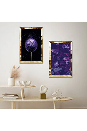 GOLD AYNALI PLEKSİ ÇERÇEVELİ MOR ÇİÇEKLER SOYUT İKİLİ MDF TABLO SETİ