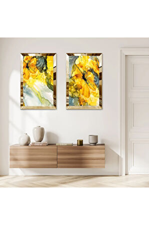 GOLD AYNALI PLEKSİ ÇERÇEVELİ SARI SU DAMLACIĞI MODERN İKİLİ MDF TABLO SETİ
