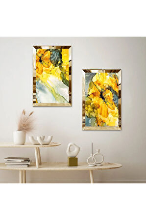 GOLD AYNALI PLEKSİ ÇERÇEVELİ SARI SU DAMLACIĞI MODERN İKİLİ MDF TABLO SETİ