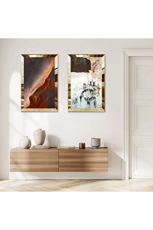 GOLD AYNALI PLEKSİ ÇERÇEVELİ SOYUT DESENLER İKİLİ MDF TABLO SETİ