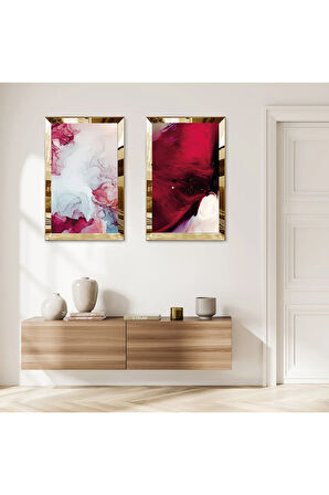 GOLD AYNALI PLEKSİ ÇERÇEVELİ SOYUT KIRMIZI DESENLER DEKORATİF İKİLİ MDF TABLO SETİ