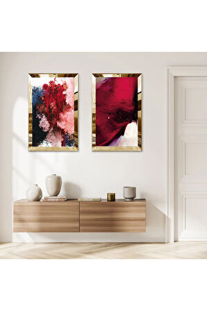GOLD AYNALI PLEKSİ ÇERÇEVELİ SOYUT KIRMIZI DESENLER İKİLİ MDF TABLO SETİ