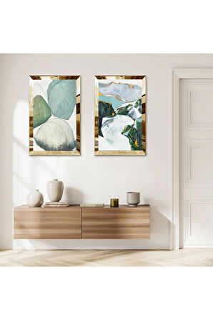 GOLD AYNALI PLEKSİ ÇERÇEVELİ SOYUT RENKLİ KAYA DESENKLERİ DEKORATİF İKİLİ MDF TABLO SETİ