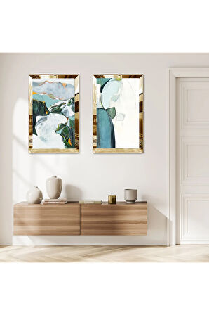 GOLD AYNALI PLEKSİ ÇERÇEVELİ SOYUT RENKLİ KAYA DESENKLERİ İKİLİ MDF TABLO SETİ