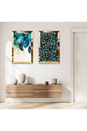 GOLD AYNALI PLEKSİ ÇERÇEVELİ SU YEŞİLİ VE SARI YAPRAKLAR DEKORATİF İKİLİ MDF TABLO SETİ