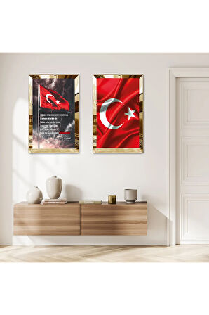 GOLD AYNALI PLEKSİ ÇERÇEVELİ TÜRK BAYRAĞI DEKORATİF İKİLİ MDF TABLO SETİ
