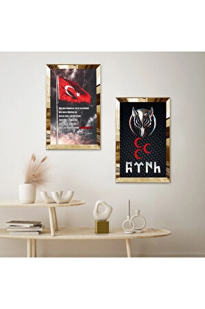 GOLD AYNALI PLEKSİ ÇERÇEVELİ TÜRK BAYRAĞI MODERN İKİLİ MDF TABLO SETİ