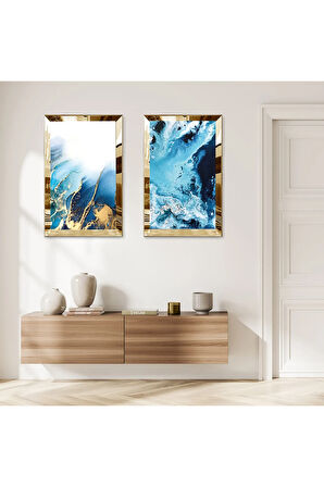 GOLD AYNALI PLEKSİ ÇERÇEVELİ MAVİ DALGALAR İKİLİ MDF TABLO SETİ