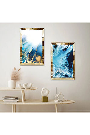 GOLD AYNALI PLEKSİ ÇERÇEVELİ MAVİ DALGALAR İKİLİ MDF TABLO SETİ