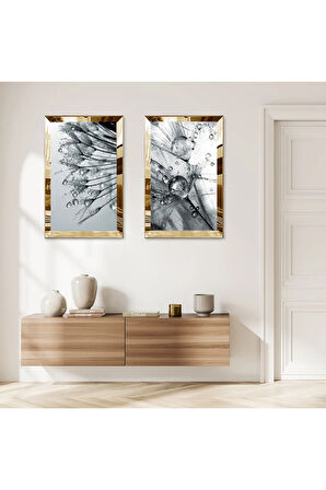 GOLD AYNALI PLEKSİ ÇERÇEVELİ GRİ SU DAMLALARI VE ÇİÇEKLER MODERN İKİLİ MDF TABLO SETİ