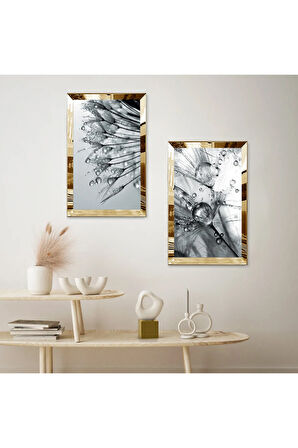 GOLD AYNALI PLEKSİ ÇERÇEVELİ GRİ SU DAMLALARI VE ÇİÇEKLER MODERN İKİLİ MDF TABLO SETİ