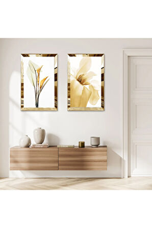 GOLD AYNALI PLEKSİ ÇERÇEVELİ BEYAZ ARKA PLANLI GOLD ÇİÇEKLER DEKORATİF İKİLİ MDF TABLO SETİ