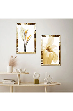 GOLD AYNALI PLEKSİ ÇERÇEVELİ BEYAZ ARKA PLANLI GOLD ÇİÇEKLER DEKORATİF İKİLİ MDF TABLO SETİ