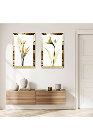 GOLD AYNALI PLEKSİ ÇERÇEVELİ BEYAZ ARKA PLANLI GOLD ÇİÇEKLER MODERN İKİLİ MDF TABLO SETİ