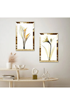 GOLD AYNALI PLEKSİ ÇERÇEVELİ BEYAZ ARKA PLANLI GOLD ÇİÇEKLER MODERN İKİLİ MDF TABLO SETİ