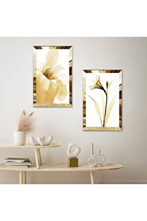 GOLD AYNALI PLEKSİ ÇERÇEVELİ BEYAZ ARKA PLANLI GOLD ÇİÇEKLER İKİLİ MDF TABLO SETİ