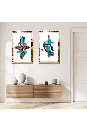 GOLD AYNALI PLEKSİ ÇERÇEVELİ BEYA ARKA PLANLI MAVİ SOYUT DESENLER MODERN İKİLİ MDF TABLO SETİ