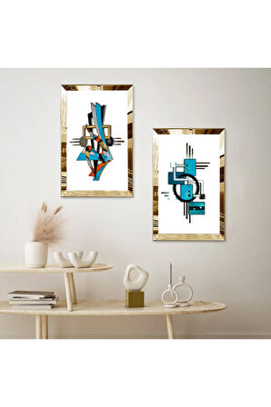 GOLD AYNALI PLEKSİ ÇERÇEVELİ BEYA ARKA PLANLI MAVİ SOYUT DESENLER MODERN İKİLİ MDF TABLO SETİ