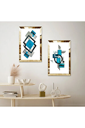 GOLD AYNALI PLEKSİ ÇERÇEVELİ BEYA ARKA PLANLI MAVİ SOYUT DESENLER İKİLİ MDF TABLO SETİ