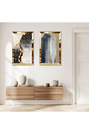 GOLD AYNALI PLEKSİ ÇERÇEVELİ RENKLİ DESENLER DEKORATİF İKİLİ MDF TABLO SETİ