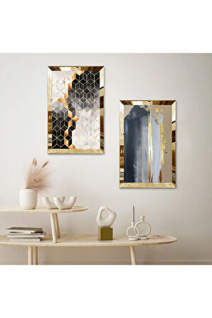 GOLD AYNALI PLEKSİ ÇERÇEVELİ RENKLİ DESENLER DEKORATİF İKİLİ MDF TABLO SETİ