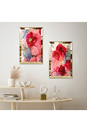 GOLD AYNALI PLEKSİ ÇERÇEVELİ KIRMIZI ÇİÇEKLER MODERN İKİLİ MDF TABLO SETİ
