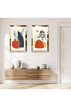 GOLD AYNALI PLEKSİ ÇERÇEVELİ BEYAZ ARKA PLANLI MNİMALİST ÇİZİM MODERN ÇİÇEKLER İKİLİ MDF TABLO SETİ