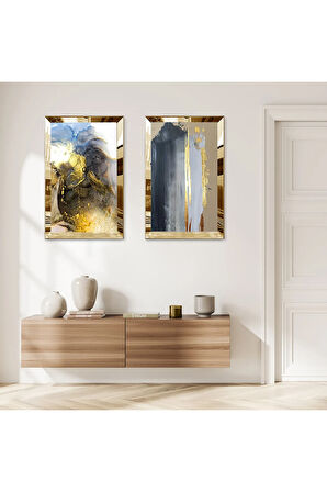 GOLD AYNALI PLEKSİ ÇERÇEVELİ MODERN RENKLİ DESENLER DEKORATİF İKİLİ MDF TABLO SETİ