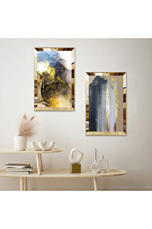 GOLD AYNALI PLEKSİ ÇERÇEVELİ MODERN RENKLİ DESENLER DEKORATİF İKİLİ MDF TABLO SETİ