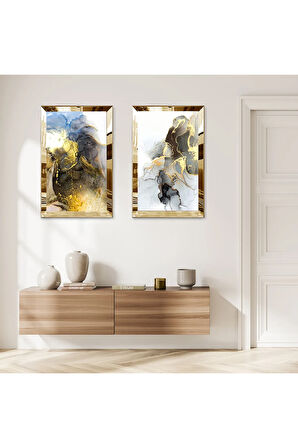 GOLD AYNALI PLEKSİ ÇERÇEVELİ RENKLİ DESENLER MODERN İKİLİ MDF TABLO SETİ