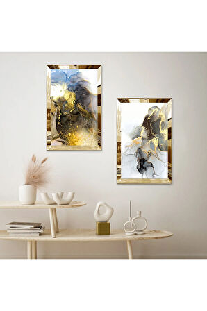 GOLD AYNALI PLEKSİ ÇERÇEVELİ RENKLİ DESENLER MODERN İKİLİ MDF TABLO SETİ