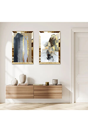GOLD AYNALI PLEKSİ ÇERÇEVELİ RENKLİ SOYUT DESENLER İKİLİ MDF TABLO SETİ