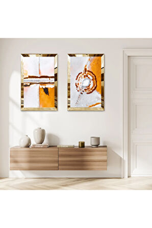 GOLD AYNALI PLEKSİ ÇERÇEVELİ BEYAZ ARKA PLANLI SOYUT TURUNCU DEKORATİF DESENLER İKİLİ MDF TABLO SETİ