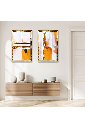 GOLD AYNALI PLEKSİ ÇERÇEVELİ BEYAZ ARKA PLANLI SOYUT TURUNCU MODERN DESENLER İKİLİ MDF TABLO SETİ