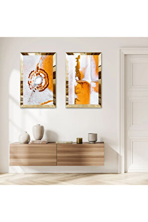 GOLD AYNALI PLEKSİ ÇERÇEVELİ BEYAZ ARKA PLANLI SOYUT TURUNCU DESENLER İKİLİ MDF TABLO SETİ