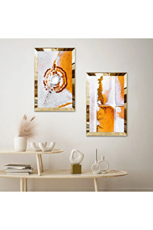 GOLD AYNALI PLEKSİ ÇERÇEVELİ BEYAZ ARKA PLANLI SOYUT TURUNCU DESENLER İKİLİ MDF TABLO SETİ