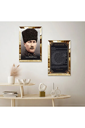 GOLD AYNALI PLEKSİ ÇERÇEVELİ ATATÜRK VE GENÇLİĞE HİTABE İKİLİ MDF TABLO SETİ